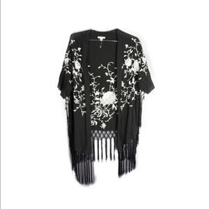 Black and White Floral Embroidery Fringe Shawl Kimono Style